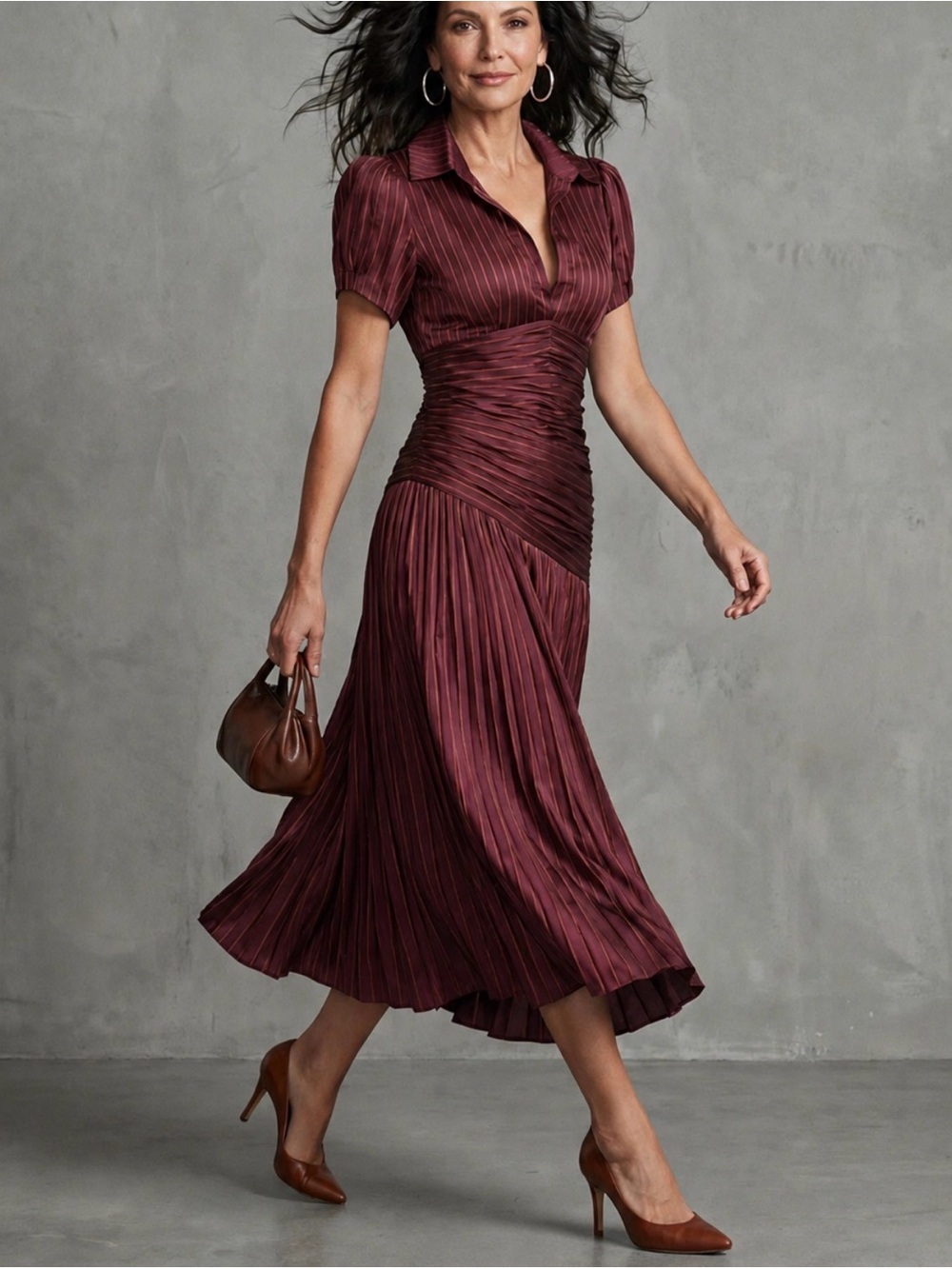 Ruched Waist Pleated Midi Dress in Burgundy